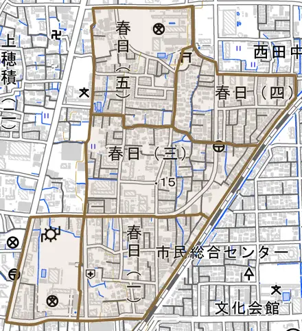 春日とその周辺の地図。町の範囲を重ねている