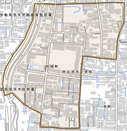 片桐町とその周辺の地図。町の範囲を重ねている