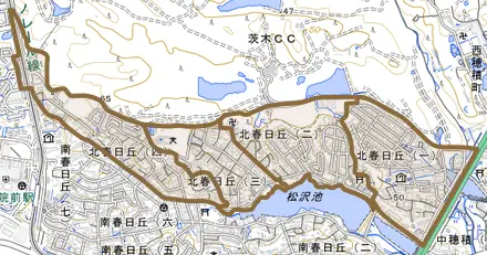 北春日丘とその周辺の地図。町の範囲を重ねている