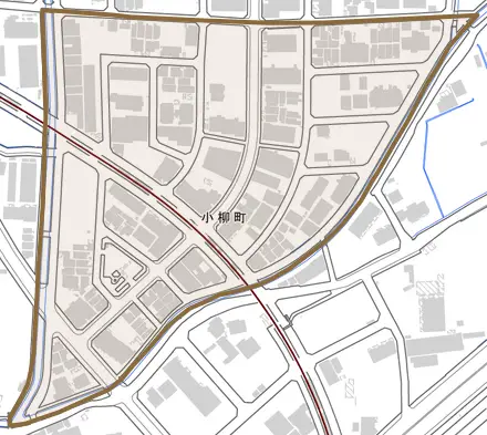 小柳町とその周辺の地図。町の範囲を重ねている