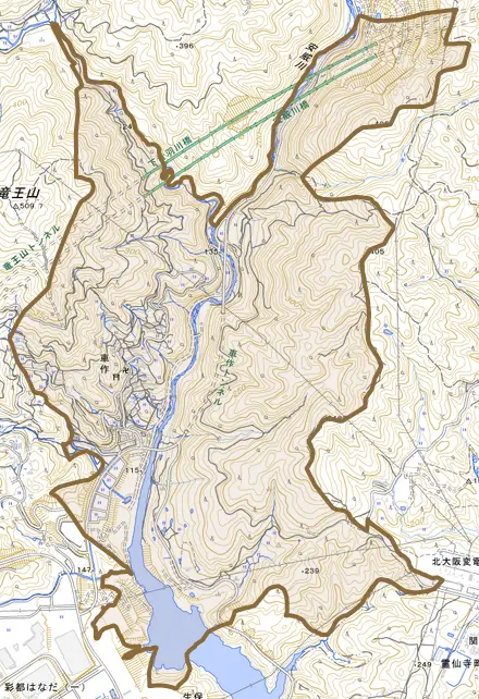 大字車作とその周辺の地図。町の範囲を重ねている