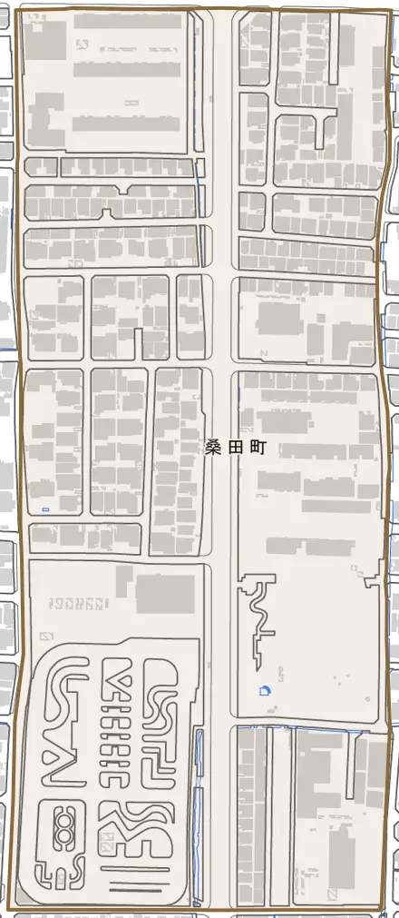 桑田町とその周辺の地図。町の範囲を重ねている