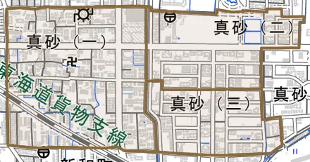 真砂とその周辺の地図。町の範囲を重ねている