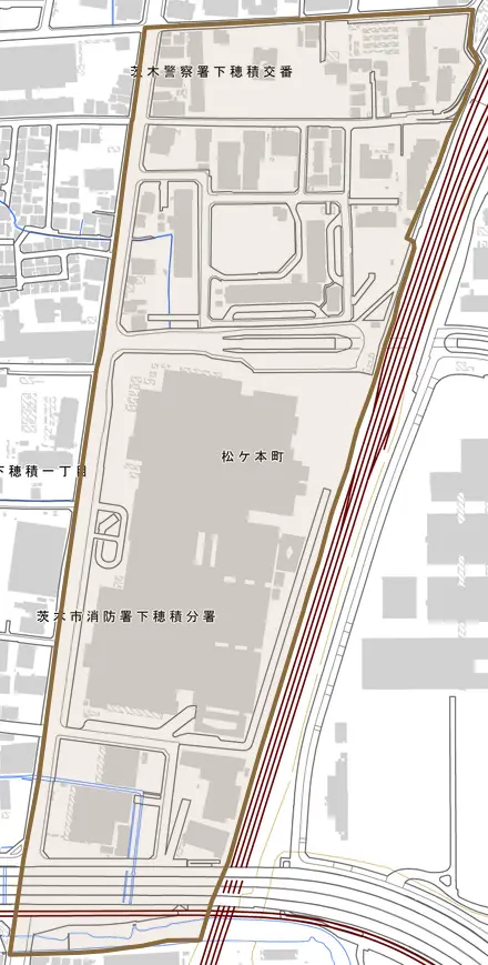 松ケ本町とその周辺の地図。町の範囲を重ねている