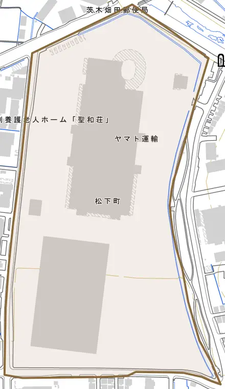 松下町とその周辺の地図。町の範囲を重ねている