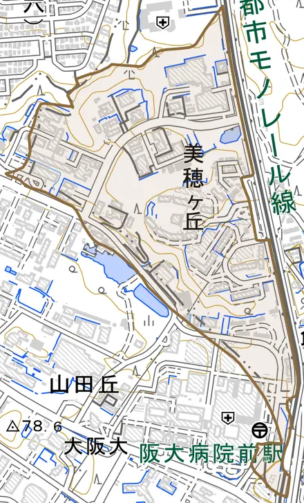 美穂ケ丘とその周辺の地図。町の範囲を重ねている