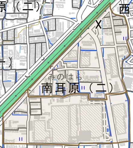 南耳原とその周辺の地図。町の範囲を重ねている