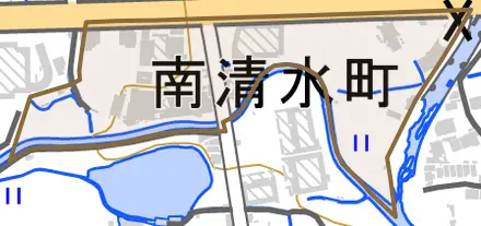 南清水町とその周辺の地図。町の範囲を重ねている