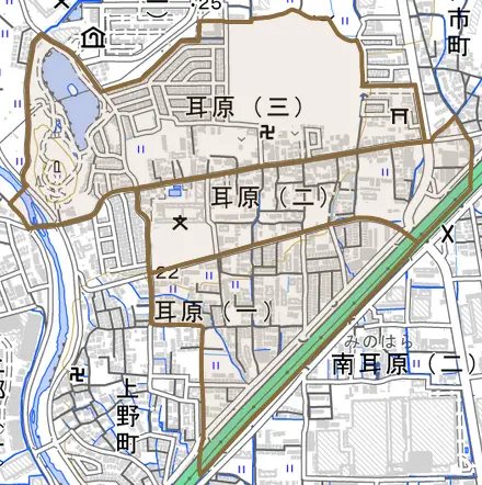 耳原とその周辺の地図。町の範囲を重ねている