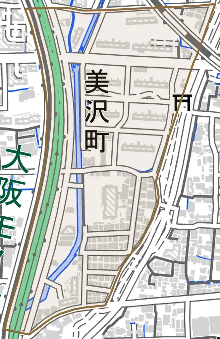 美沢町とその周辺の地図。町の範囲を重ねている