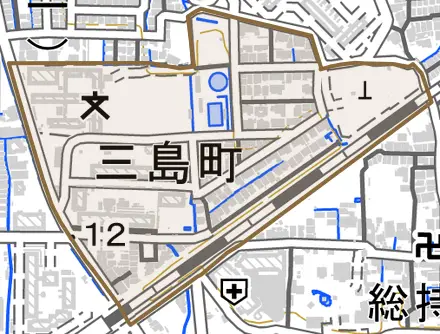 三島町とその周辺の地図。町の範囲を重ねている
