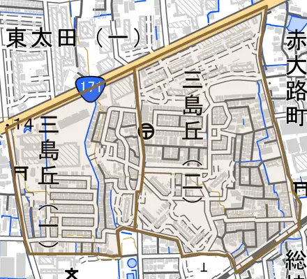 三島丘とその周辺の地図。町の範囲を重ねている