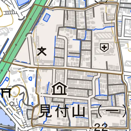 見付山とその周辺の地図。町の範囲を重ねている