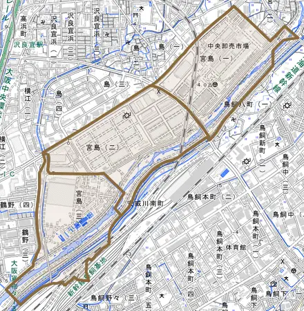 宮島とその周辺の地図。町の範囲を重ねている