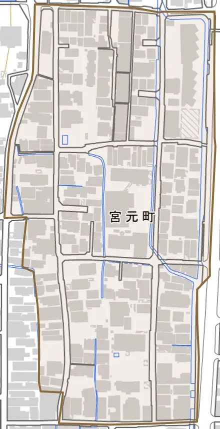宮元町とその周辺の地図。町の範囲を重ねている