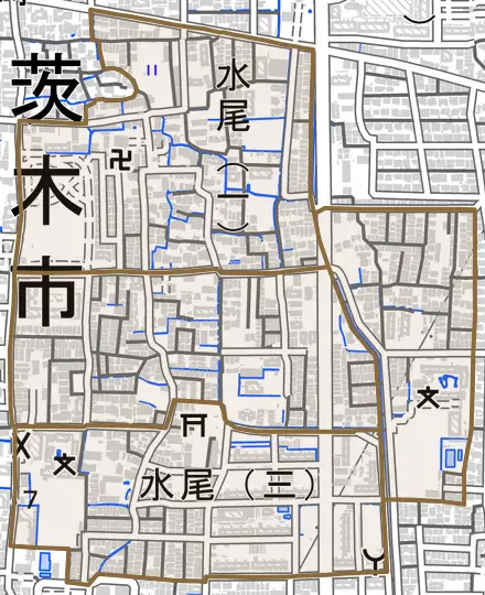 水尾とその周辺の地図。町の範囲を重ねている