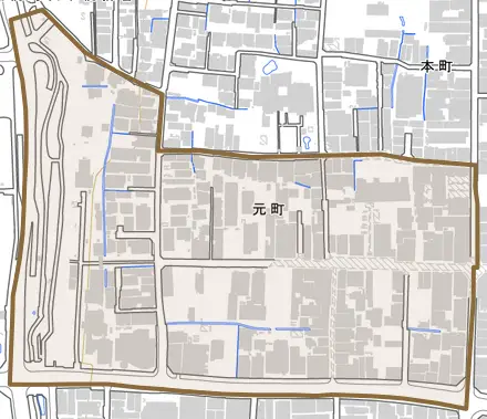 元町とその周辺の地図。町の範囲を重ねている