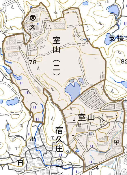 室山とその周辺の地図。町の範囲を重ねている