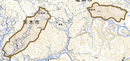 大字長谷とその周辺の地図。町の範囲を重ねている