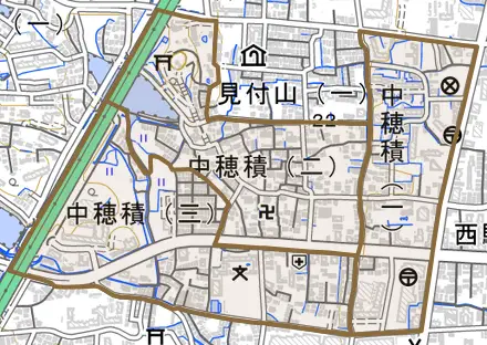 中穂積とその周辺の地図。町の範囲を重ねている