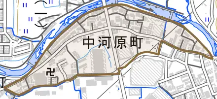 中河原町とその周辺の地図。町の範囲を重ねている