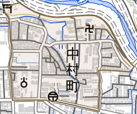 中村町とその周辺の地図。町の範囲を重ねている