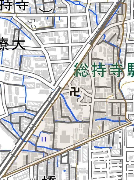 中総持寺町とその周辺の地図。町の範囲を重ねている