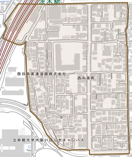 西中条町とその周辺の地図。町の範囲を重ねている