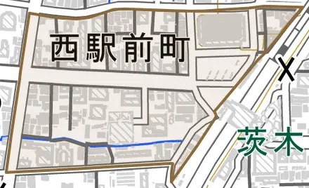 西駅前町とその周辺の地図。町の範囲を重ねている