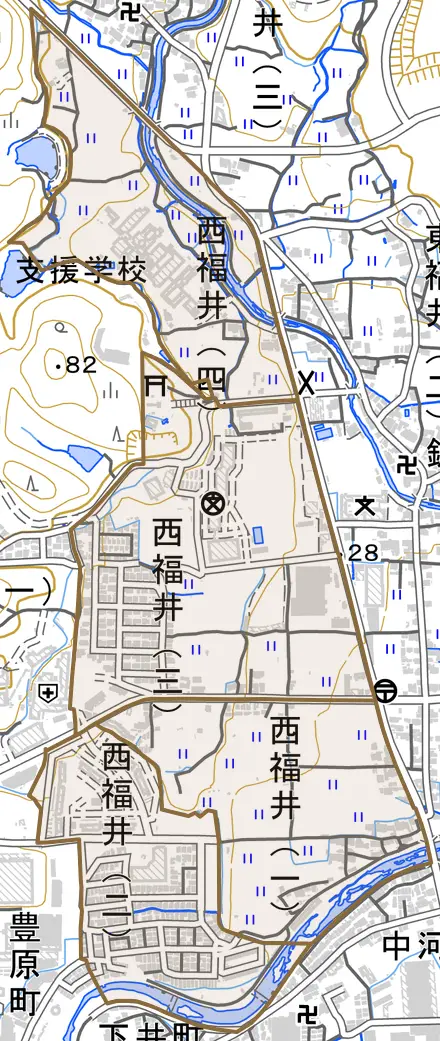西福井とその周辺の地図。町の範囲を重ねている