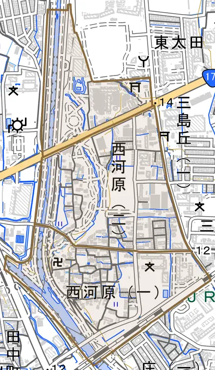 西河原とその周辺の地図。町の範囲を重ねている