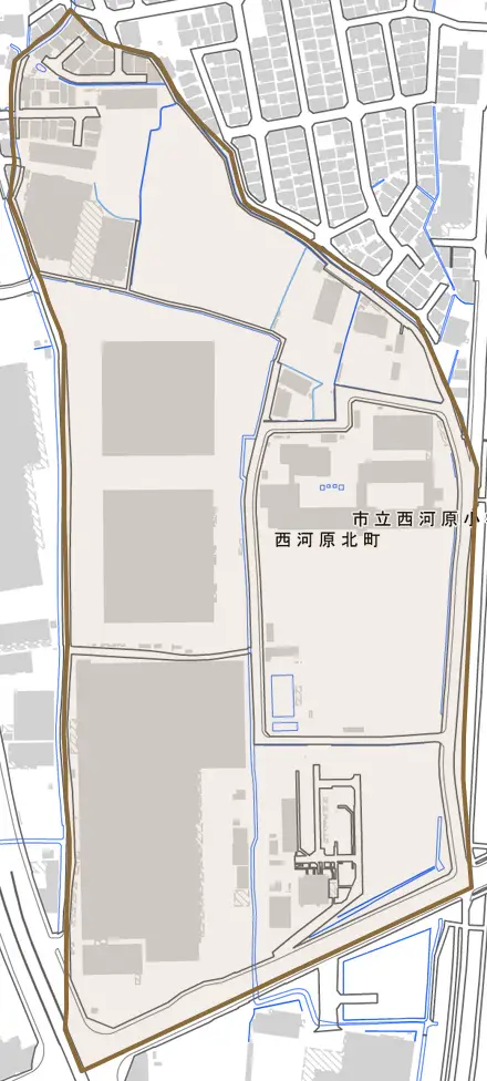 西河原北町とその周辺の地図。町の範囲を重ねている