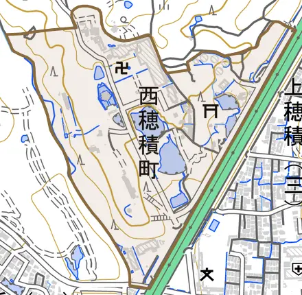 西穂積町とその周辺の地図。町の範囲を重ねている