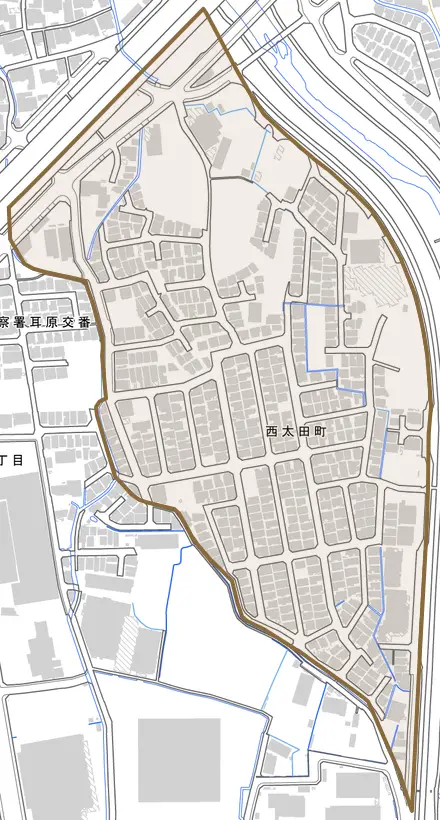 西太田町とその周辺の地図。町の範囲を重ねている