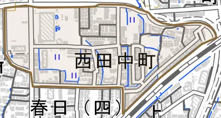 西田中町とその周辺の地図。町の範囲を重ねている