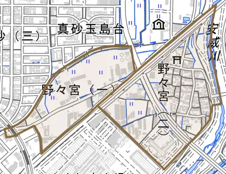 野々宮とその周辺の地図。町の範囲を重ねている