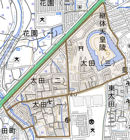 太田とその周辺の地図。町の範囲を重ねている