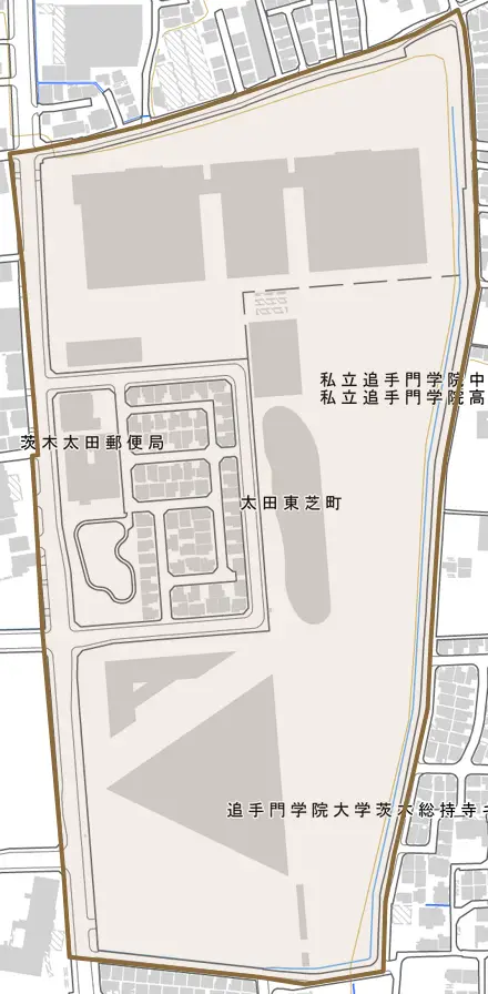 太田東芝町とその周辺の地図。町の範囲を重ねている