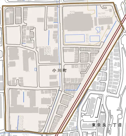 小川町とその周辺の地図。町の範囲を重ねている