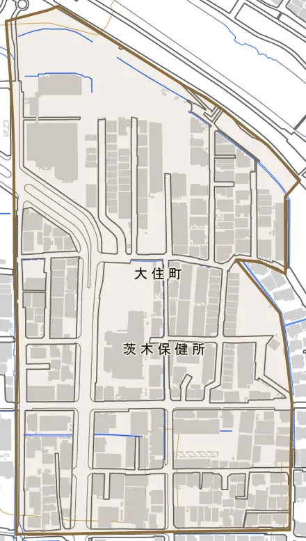 大住町とその周辺の地図。町の範囲を重ねている