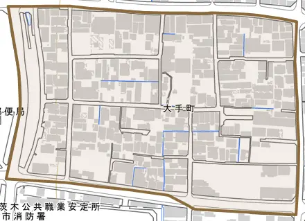 大手町とその周辺の地図。町の範囲を重ねている