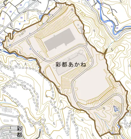 彩都あかねとその周辺の地図。町の範囲を重ねている