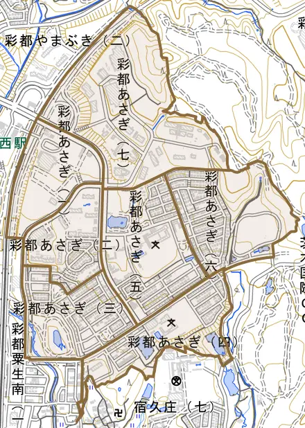 彩都あさぎとその周辺の地図。町の範囲を重ねている