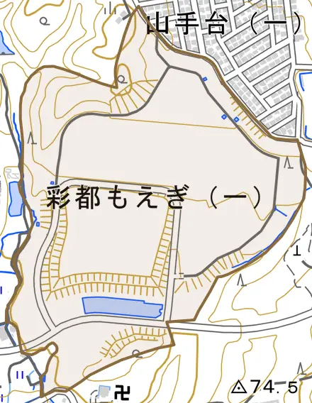 彩都もえぎとその周辺の地図。町の範囲を重ねている