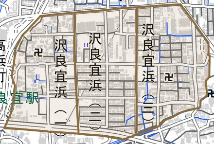 沢良宜浜とその周辺の地図。町の範囲を重ねている