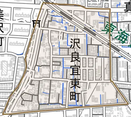 沢良宜東町とその周辺の地図。町の範囲を重ねている