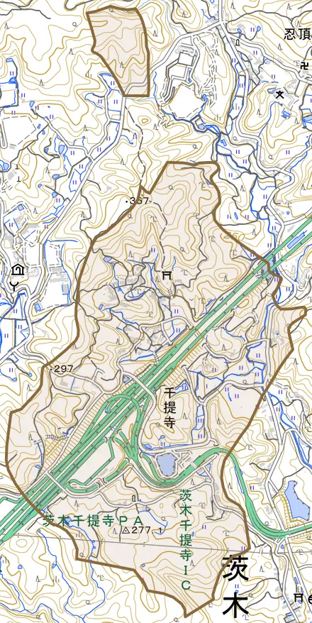 大字千提寺とその周辺の地図。町の範囲を重ねている
