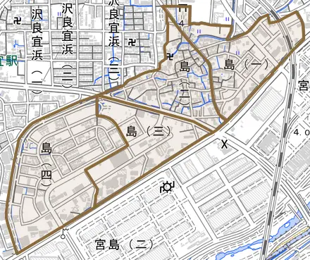 島とその周辺の地図。町の範囲を重ねている