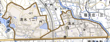 清水とその周辺の地図。町の範囲を重ねている