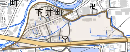 下井町とその周辺の地図。町の範囲を重ねている